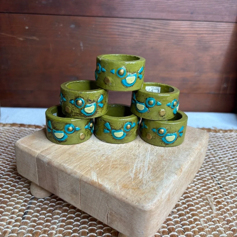 Set of 6 Vintage Fitz & Floyd Paper Mâché Green Napkin Rings Bird Motif